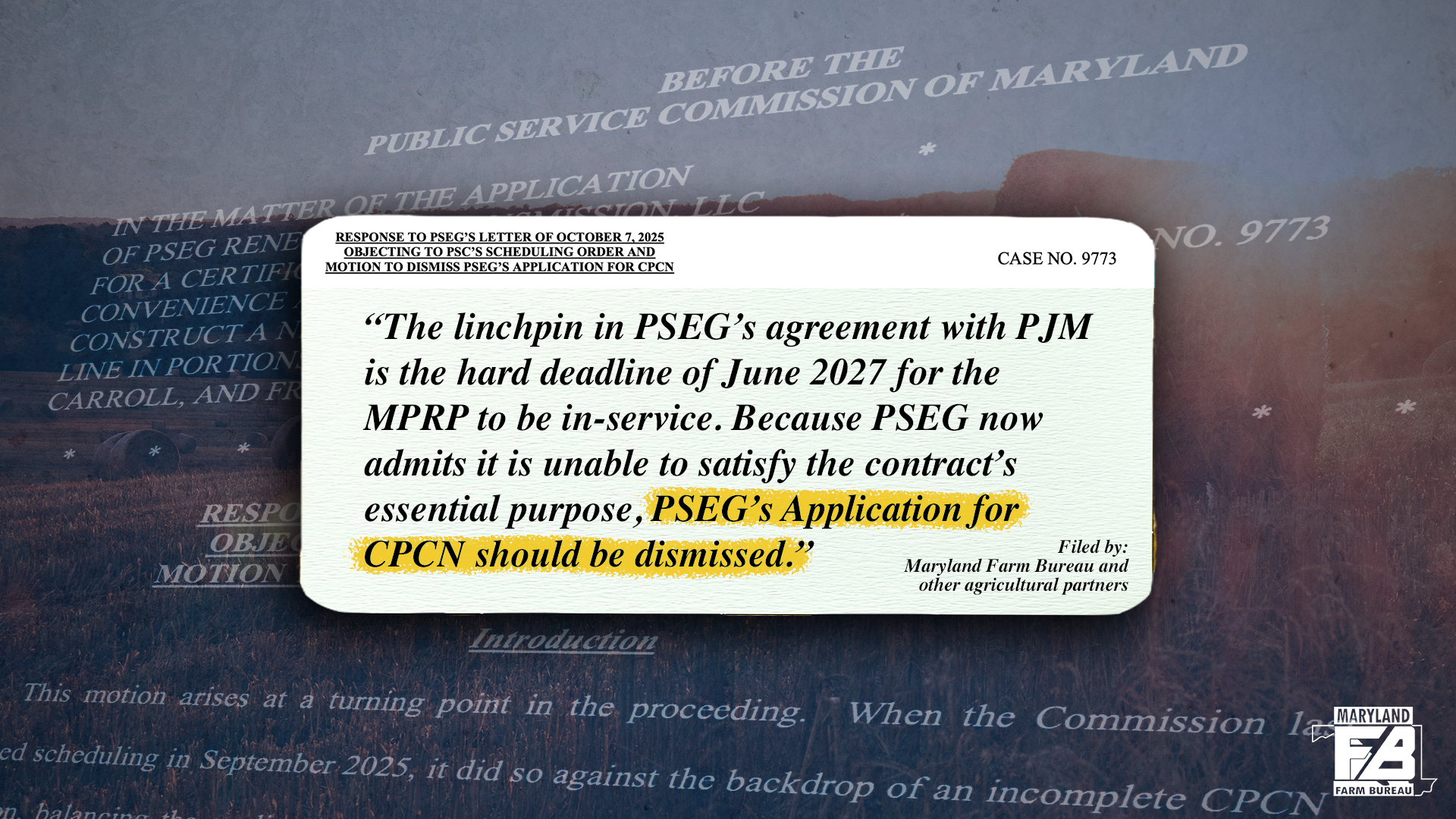 Maryland Farm Bureau Demands Dismissal of MPRP Project: Legal Filing Highlights Project’s Failed Timeline